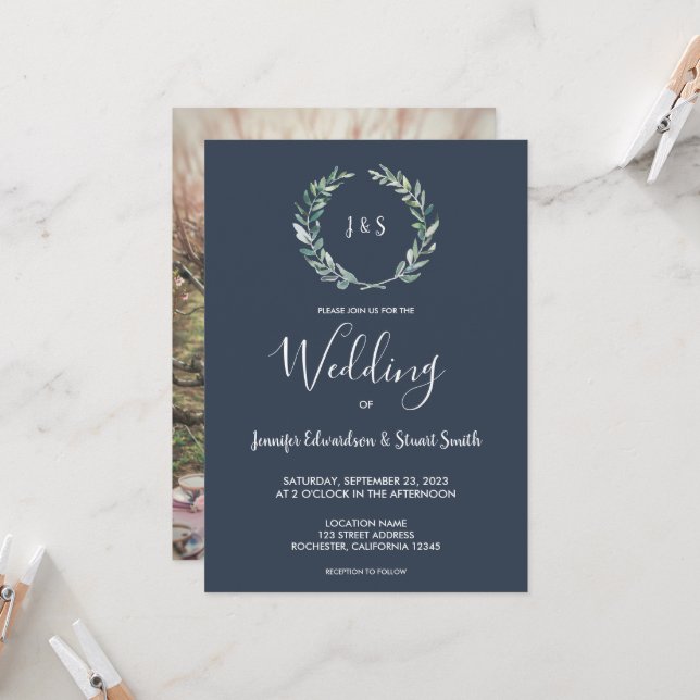 Invitación La acuarela rústica deja al Boda fotográfico monog (Anverso/Reverso In Situ)