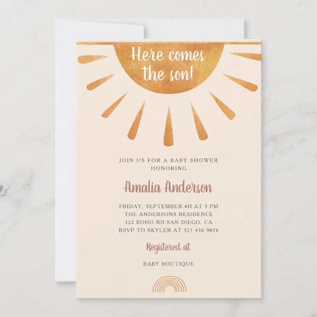 Invitación La acuarela simple llega al Baby Shower Son (Anverso)