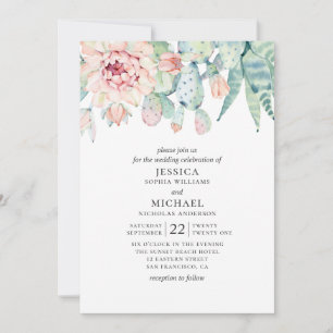 Invitación La acuarela suculenta boda. Cactus florales rosado