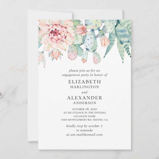 Invitación La acuarela suculenta boda. Compromiso de Cactus (Anverso)