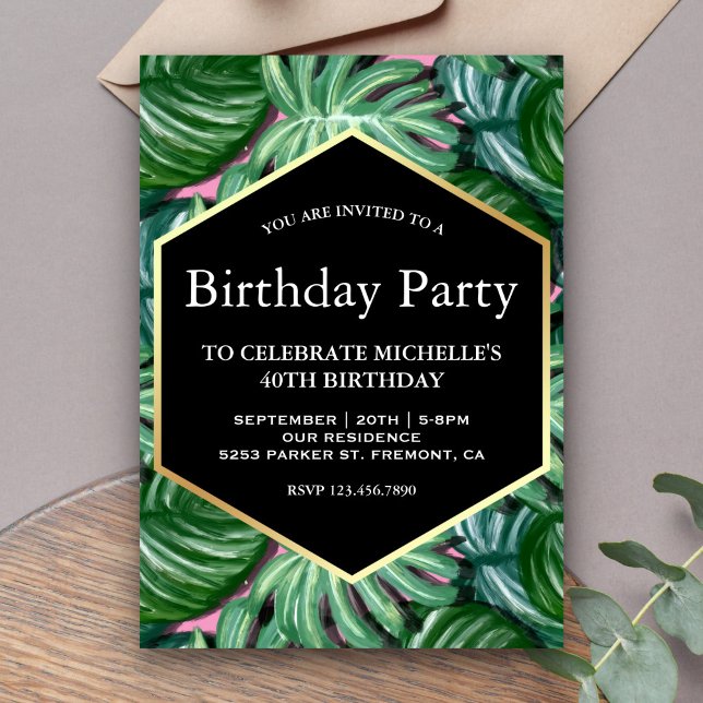 Invitación La acuarela tropical dorada deja fiesta de cumplea (Subido por el creador)