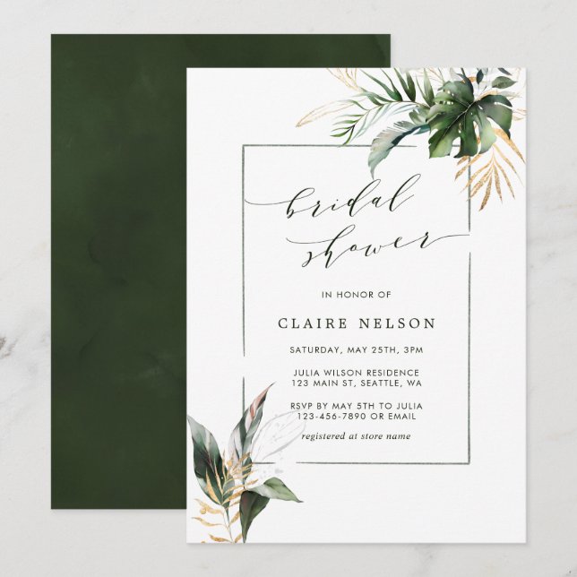 Invitación La acuarela tropical verde deja ducha de novia (Anverso / Reverso)