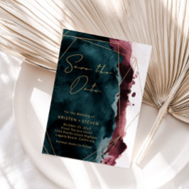 Invitación La acuarela verde azulada y borgoña salva la fecha