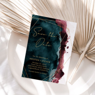 Invitación La acuarela verde azulada y borgoña salva la fecha