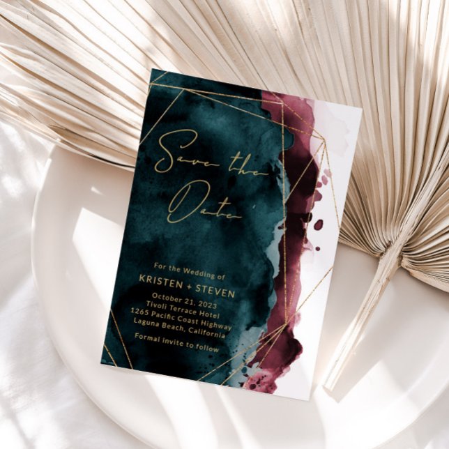 Invitación La acuarela verde azulada y borgoña salva la fecha (Subido por el creador)