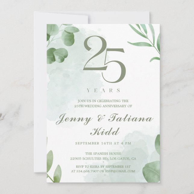Invitación La acuarela verde deja 25 años Boda (Anverso)