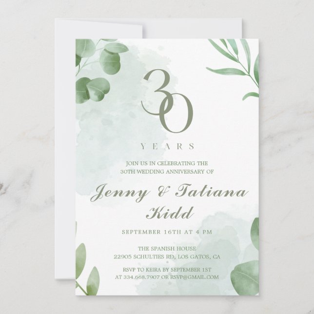 Invitación La acuarela verde deja 30 años Boda (Anverso)