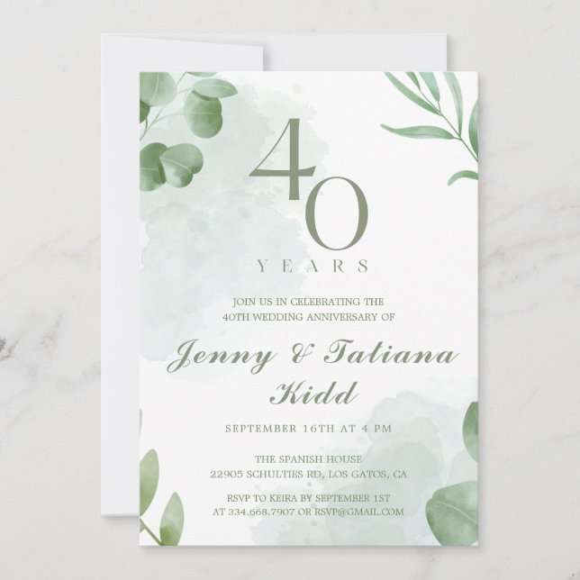 Invitación La acuarela verde deja 40 años de Boda (Anverso)