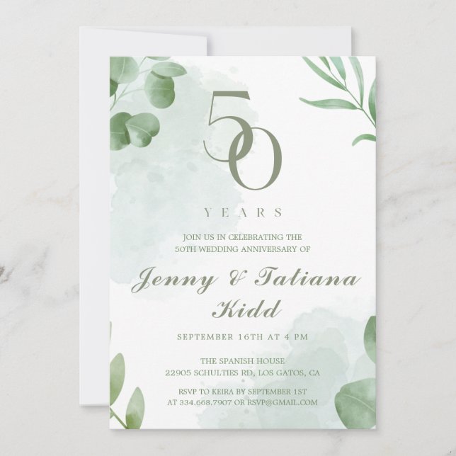 Invitación La acuarela verde deja 50 años Boda (Anverso)