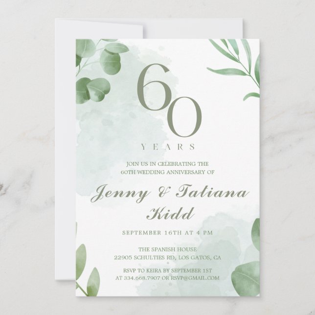 Invitación La acuarela verde deja el 60 aniversario Boda (Anverso)
