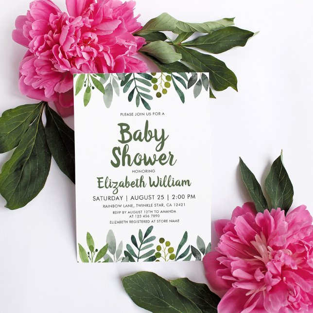 Invitación La acuarela verde deja el Baby Shower botánico (Subido por el creador)