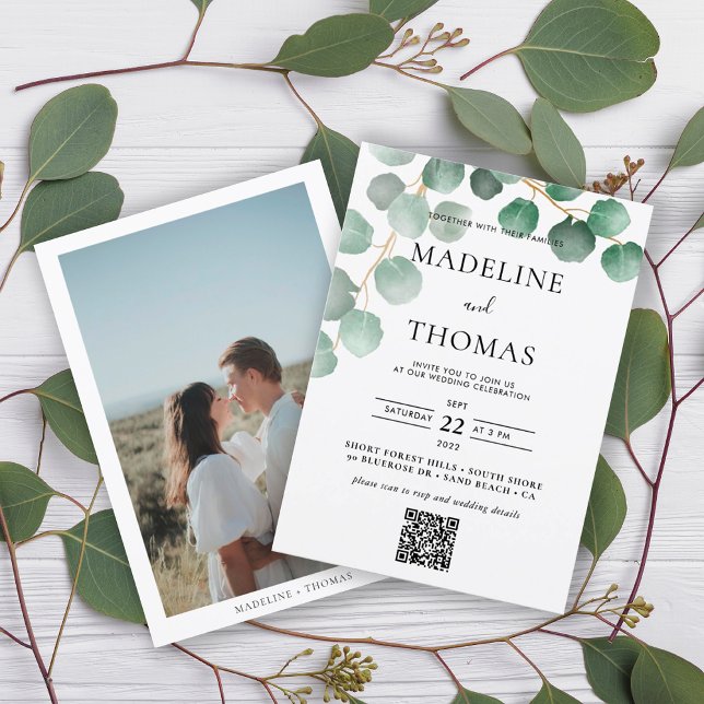 Invitación La acuarela verde deja la foto Boda de código Qr (Subido por el creador)