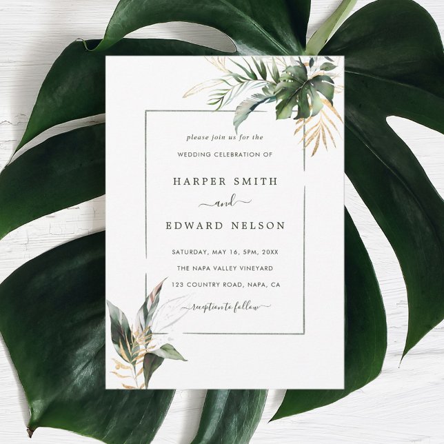 Invitación La acuarela verde tropical deja al Boda (Subido por el creador)