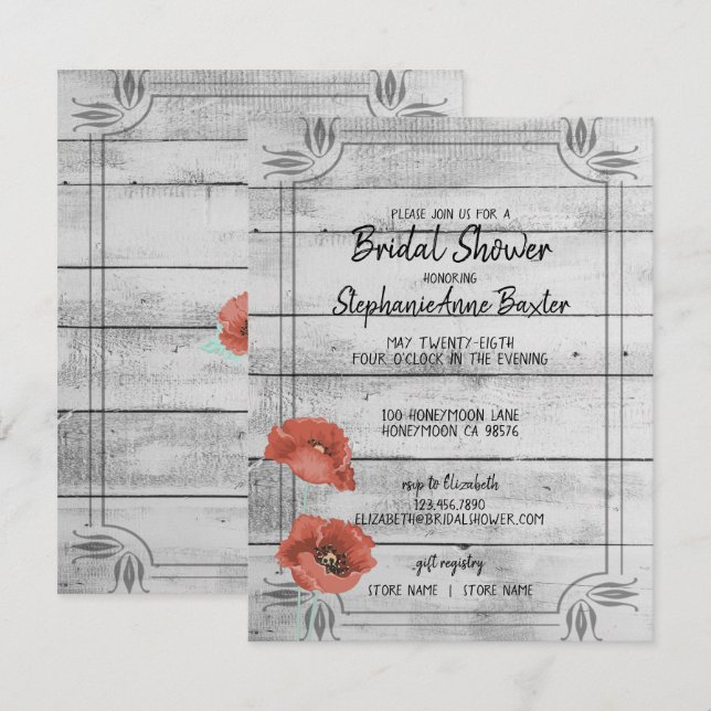 Invitación La amapola de madera blanca rústica florece la (Anverso / Reverso)