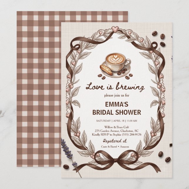 Invitación La Amor Está Preparando Café Gingham Despedida de  (Anverso / Reverso)