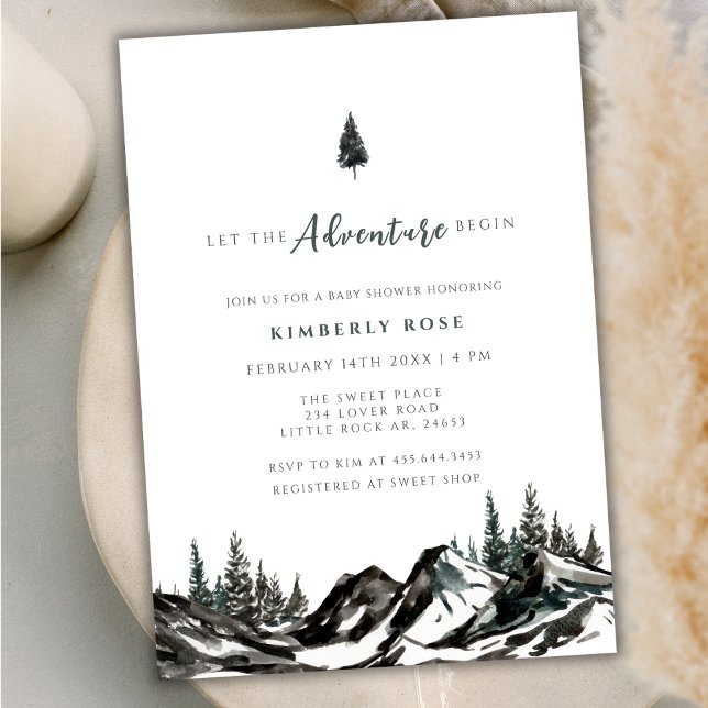 Invitación La aventura Begin Mountain Forest Baby Shower (The Adventure Begin Mountain Forest Baby Shower Invitation)