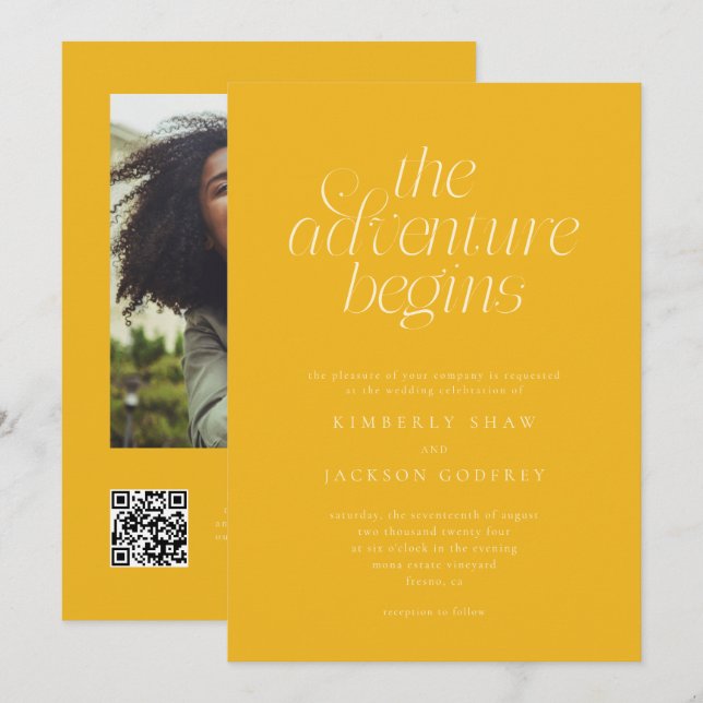 Invitación La aventura comienza Amarillo mínimo Boda  (Anverso / Reverso)