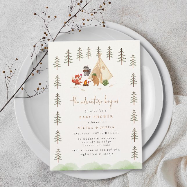 Invitación La aventura comienza Baby Shower de animales de Wo (The Adventure Begins Woodland Animals Baby Shower Invitation)