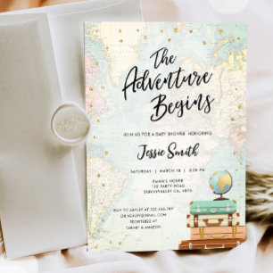 Invitación La aventura comienza Baby Shower de parejas de via