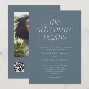 Invitación La aventura comienza Boda azul pizarra minimalista
