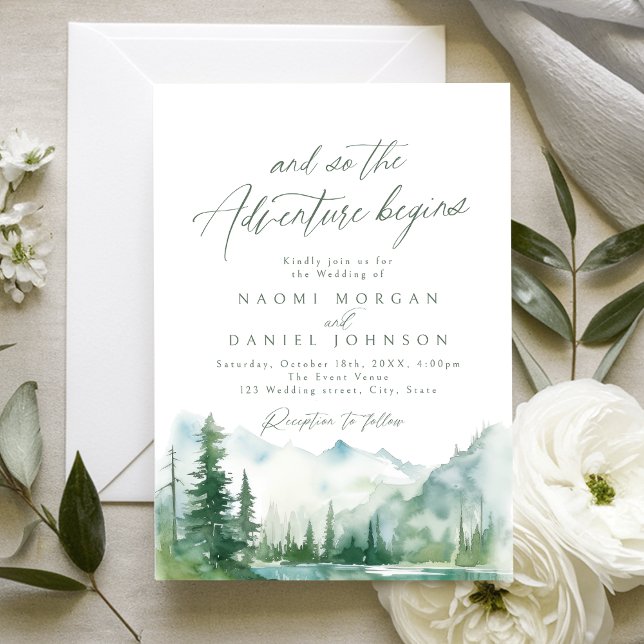 Invitación La aventura comienza Bodas rústicas de montaña (The Adventure Begins Mountain Rustic Wedding Invitation)