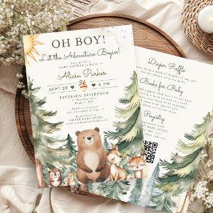Invitación La aventura comienza bosque arbolado niño baby sho