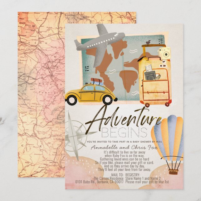 Invitación La aventura comienza con Baby Shower rosa de viaje (Anverso / Reverso)