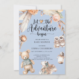 Invitación La aventura comienza con Boho Baby Boy Shower Blue