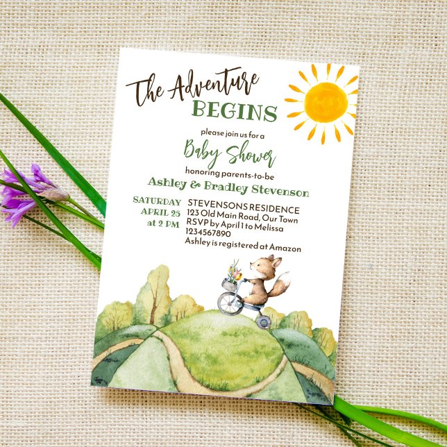 Invitación La aventura comienza con el baby fox montando bici (Subido por el creador)