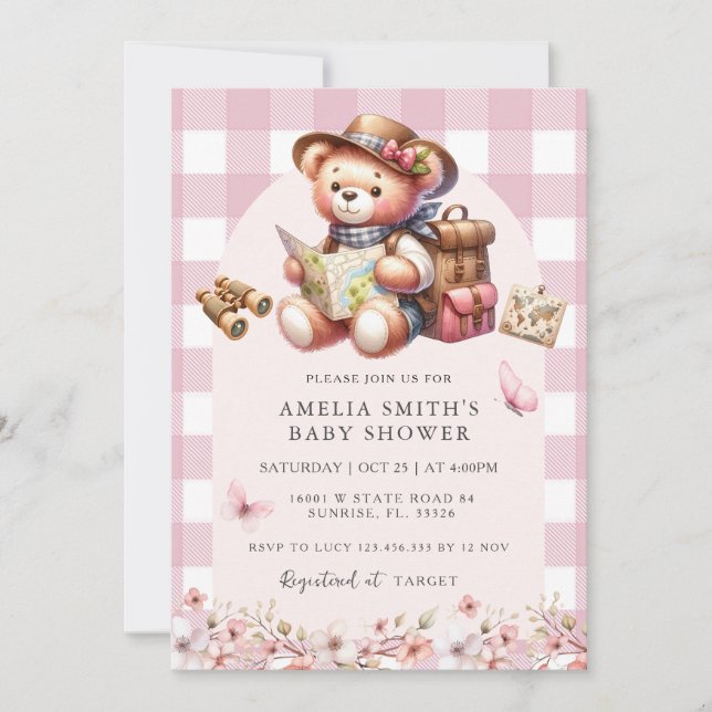 Invitación La aventura comienza con el Baby Shower rosado de  (Anverso)