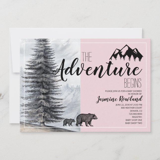 Invitación La aventura comienza con el oso bebé rosa ducha (Anverso)