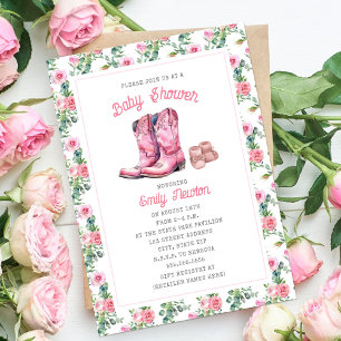 Invitación La aventura comienza con la flor de los boots rosa