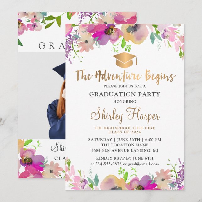 Invitación La aventura comienza con la foto de graduación de  (Anverso / Reverso)
