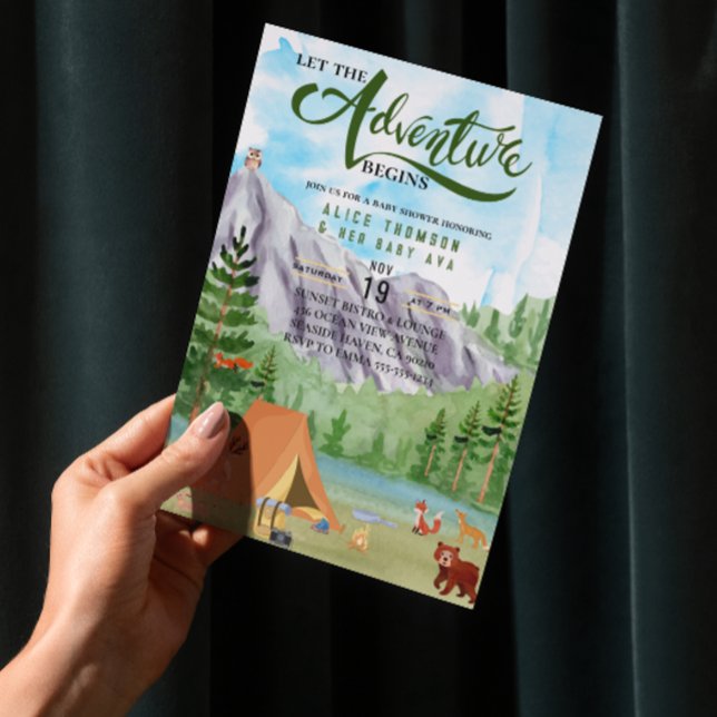 Invitación la aventura comienza con la montaña del bosque bab (the adventure begins woodland baby shower forest baby boy mountain mother to be bear comping camper )