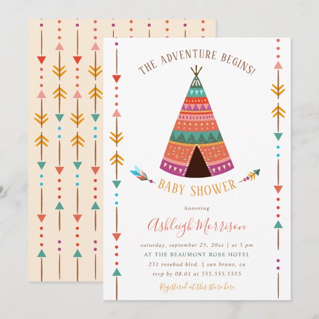 Invitación La aventura comienza con la tribal Baby Shower Tee (Anverso / Reverso)