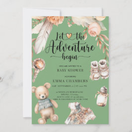 Invitación La aventura comienza el Boho Baby Shower Green