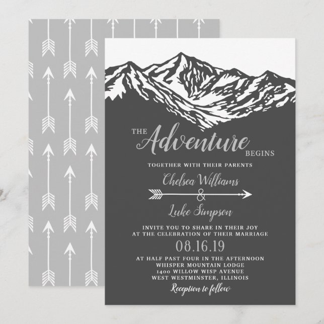 Invitación La aventura comienza el gris Boda de la montaña (Anverso / Reverso)