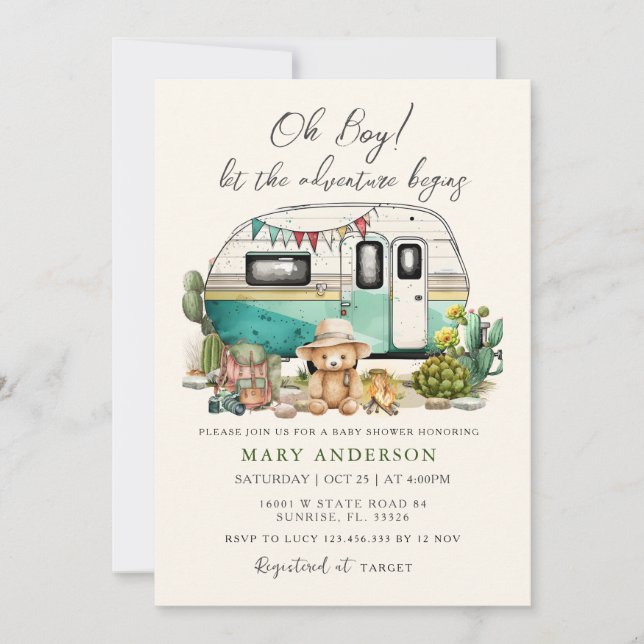 Invitación La aventura comienza en el Baby Shower de verano d (Anverso)
