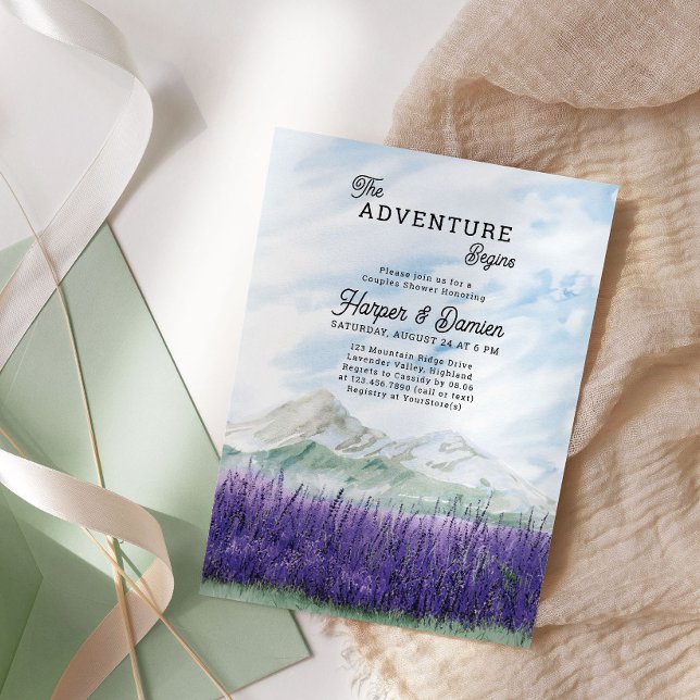 Invitación La aventura comienza en la montaña Lavanda Ducha P (The Adventure Begins Couples Shower Invitation from my Mountain Lavender Wedding Collection)