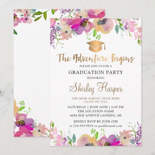 Invitación La aventura comienza la graduación de Floral con g (Anverso / Reverso)