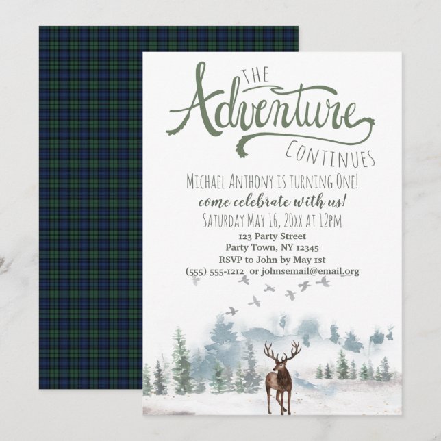 Invitación La aventura continúa el cumpleaños de Woodland (Anverso / Reverso)