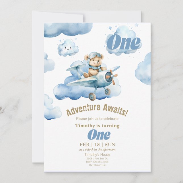 Invitación La aventura de cumpleaños número uno de Teddy en e (Anverso)