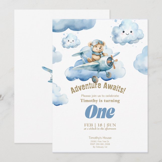 Invitación La aventura de cumpleaños número uno de Teddy en e (Anverso / Reverso)