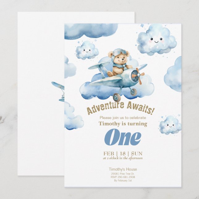 Invitación La aventura de cumpleaños número uno de Teddy en e (Anverso / Reverso)
