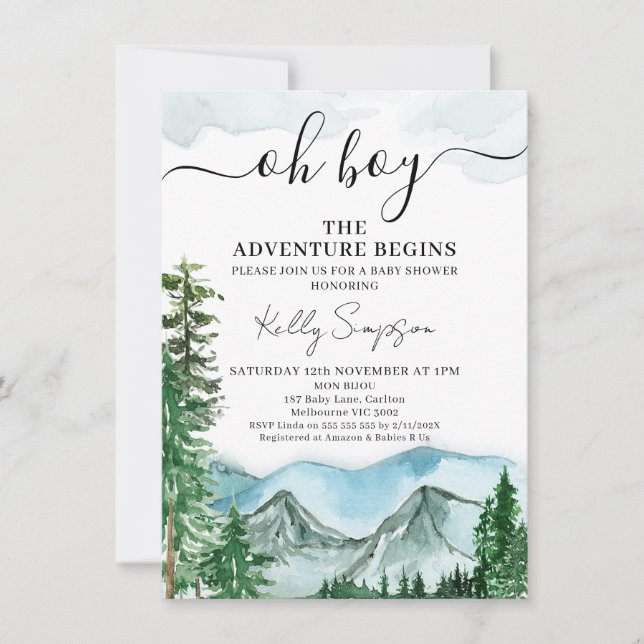 Invitación La aventura de las montañas comienza el Baby Showe (Anverso)