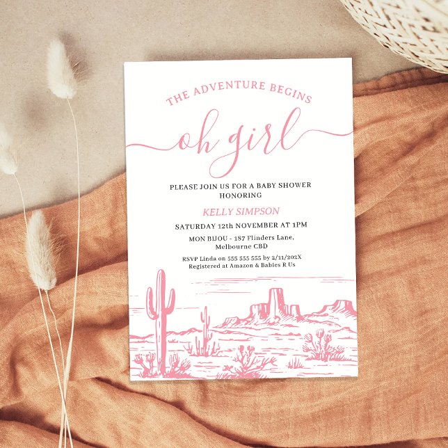 Invitación La aventura de Pink Wilderness comienza en Baby Sh (Pink The Adventure Begins Baby Shower Invitation Girl, Wilderness, Western Desert, Oh Girl Wild West)