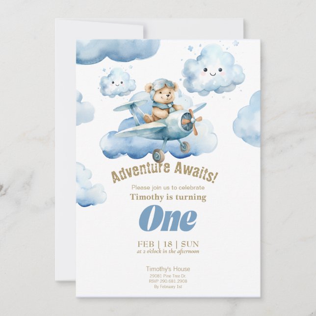 Invitación La aventura de primer cumpleaños de Teddy con ciel (Anverso)