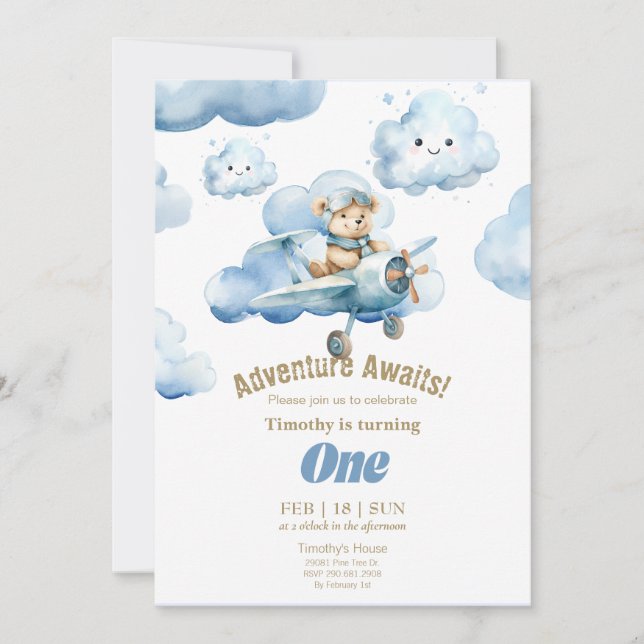 Invitación La aventura de primer cumpleaños de Teddy con ciel (Anverso)