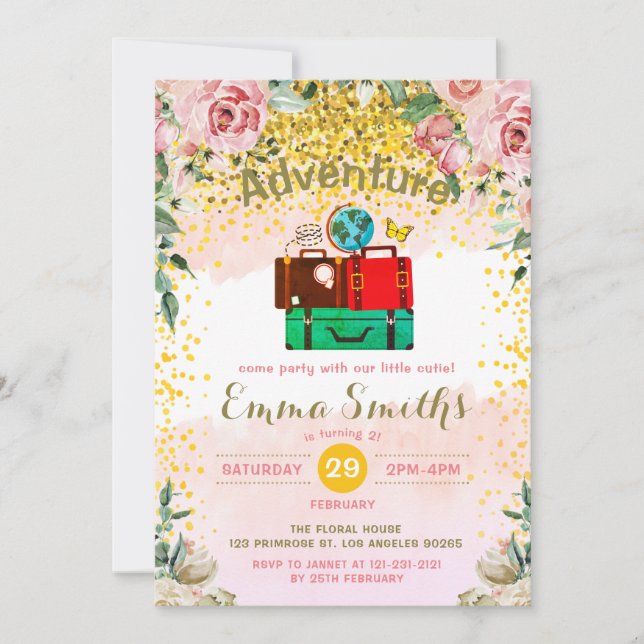 Invitación La aventura de Rubor Florals empieza el equipaje d (Anverso)