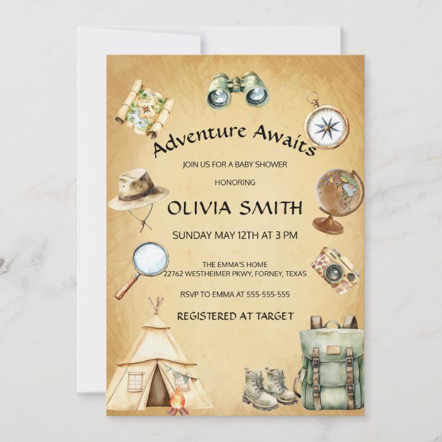 Invitación La aventura de viajar espera un Baby Shower neutra (Anverso)